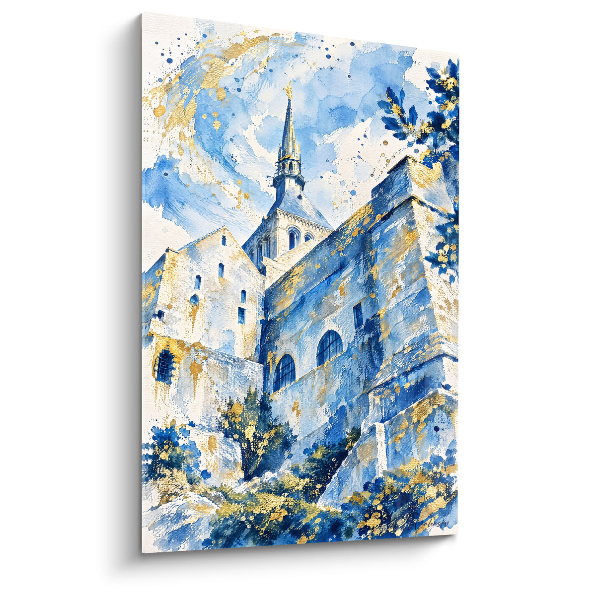 Schilderij Mont-Saint-Michel aquarel in hemelsblauw en goud, abdij en ringmuren in gouden licht