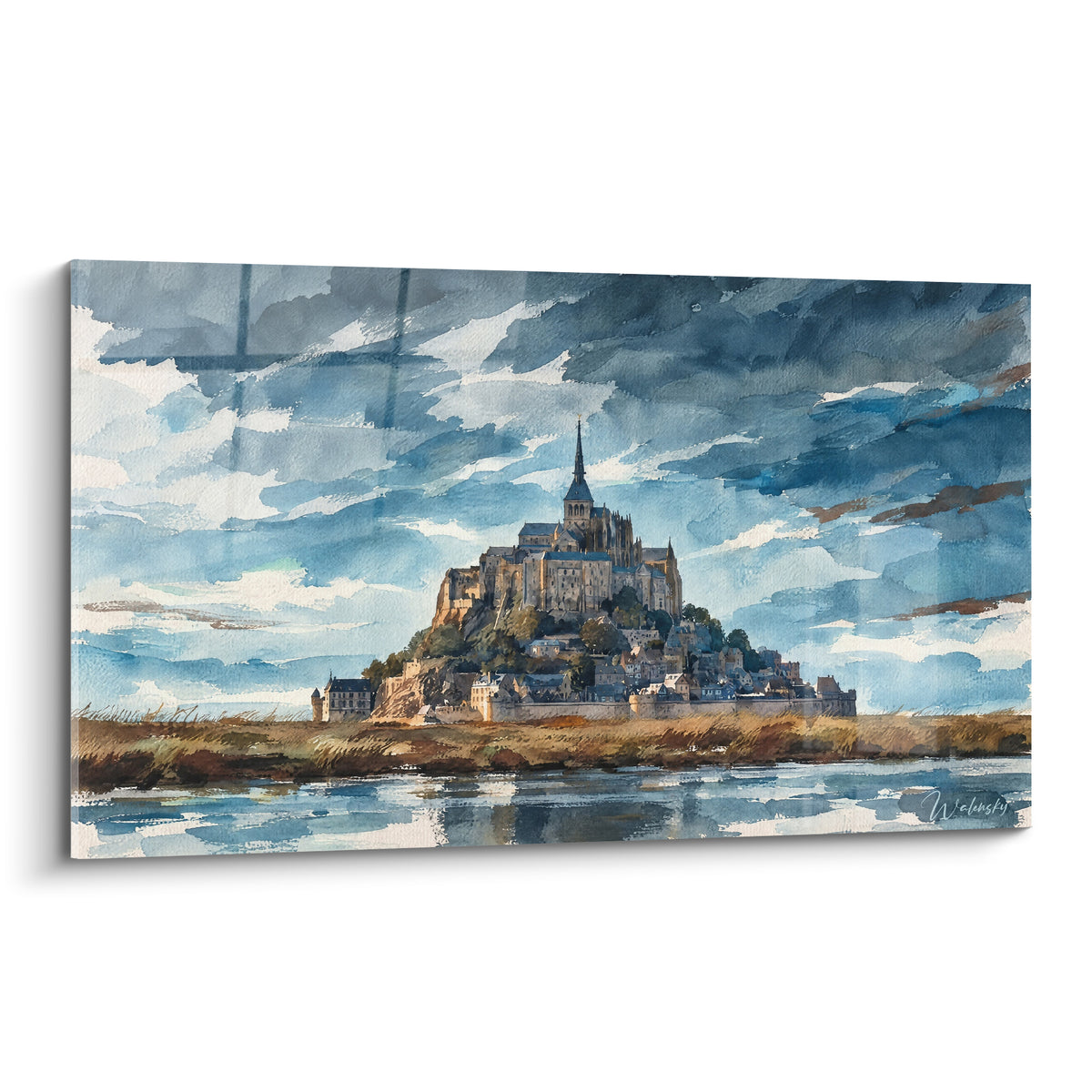 Schilderij Mont-Saint-Michel in aquarel in marineblauw en oker, abdij boven de baai onder een bewolkte hemel