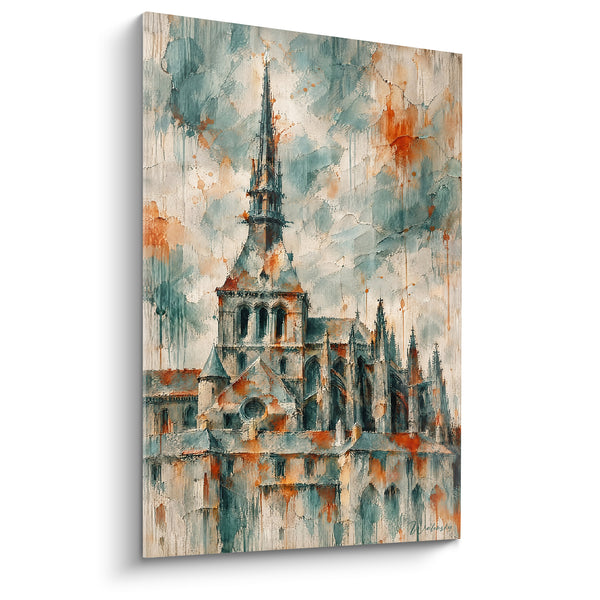 Tableau Abbaye flèche bleu sarcelle et orange - Brume médiévale - Edition Le Mont-Saint-Michel  Normandie  France