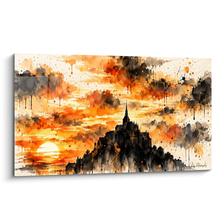 Tableau Abbaye noire au soleil orangé - Flamme du couchant - Edition Le Mont-Saint-Michel  Normandie  France
