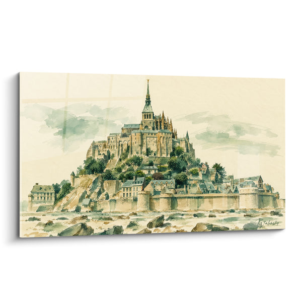 Tableau Abbaye perchée tons ocre et vert - Majesté séculaire - Edition Le Mont-Saint-Michel  Normandie  France