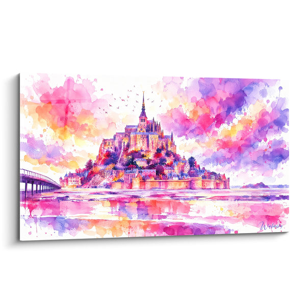 Schilderij Abdij roze en paarse aquarel sprankelend - Hemelse droom - Editie Mont Saint-Michel Normandïe Frankrijk