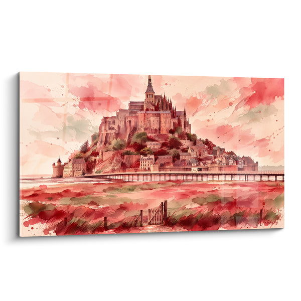 Quadro Abbazia rosso corallo e verde salvia - Bagliore della baia - Edizione Mont-Saint-Michel Normandia Francia