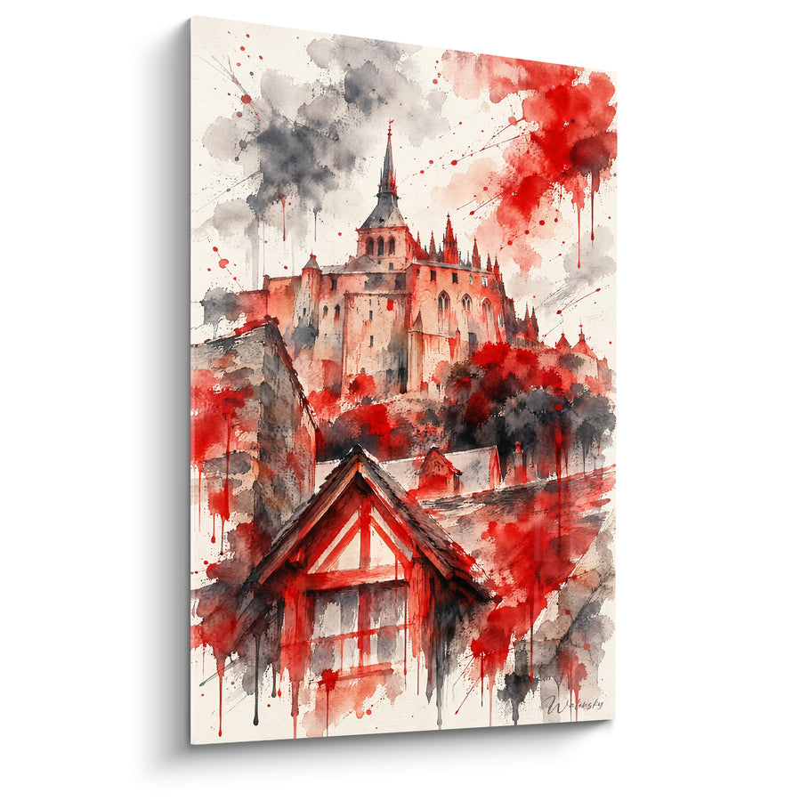 Painting Abbey red and grey with ink bleeds - Sacred Storm - Limited Edition The Mont-Saint-Michel Normandy France