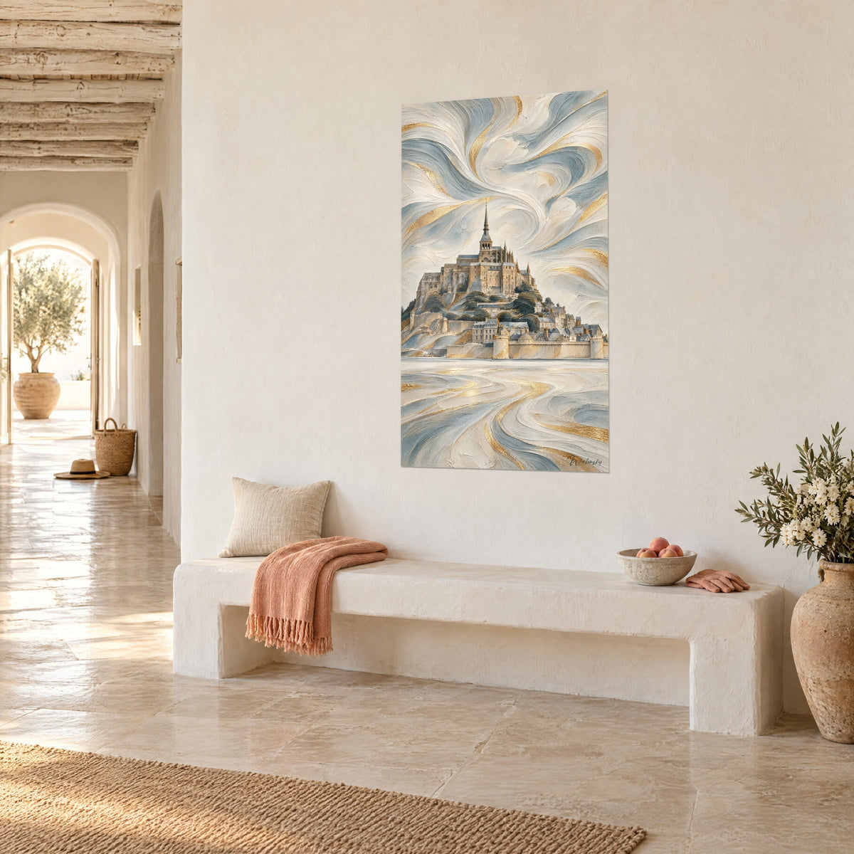 Wall art Mont-Saint-Michel in thick cream and gold paint, swirling pale blue sky, on a white arched hallway wall
