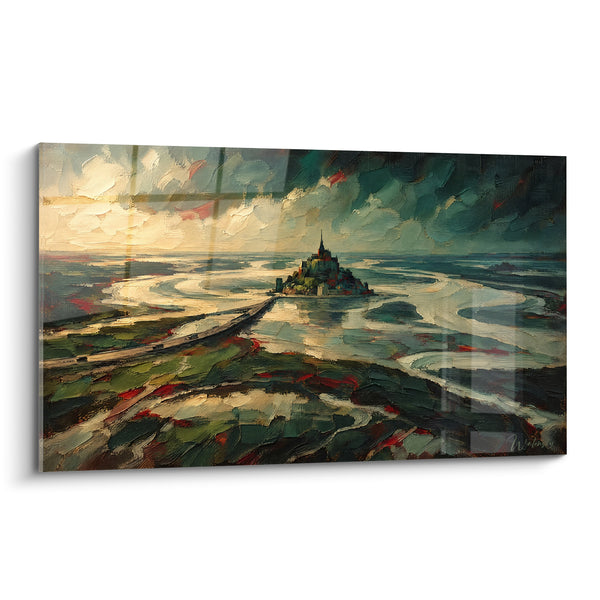 Tableau Îlot abbatial vert émeraude et doré au loin - Lumière sur la baie - Edition Le Mont-Saint-Michel  Normandie  France