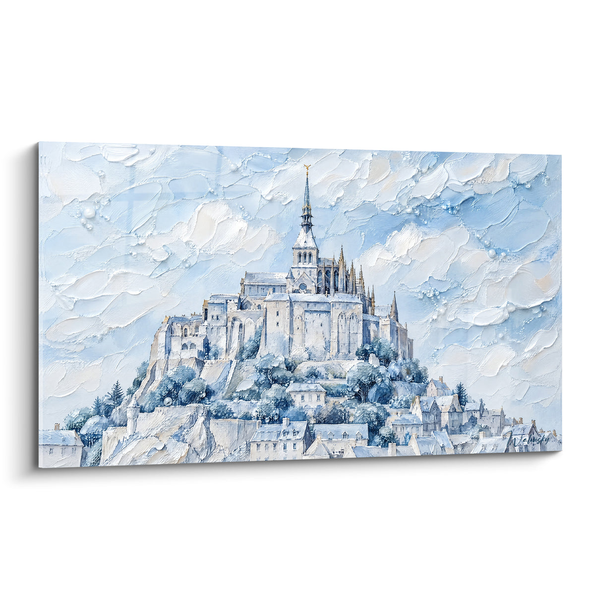 Mont-Saint-Michel bleu et blanc aux empâtements, clocher doré perçant les nuages texturés