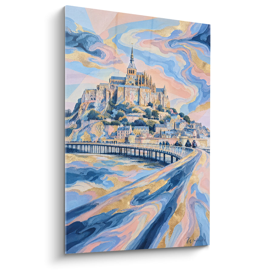 Painting Abbey blue and gold on winding bridge - Celestial Tide - Limited Edition The Mont-Saint-Michel Normandy France