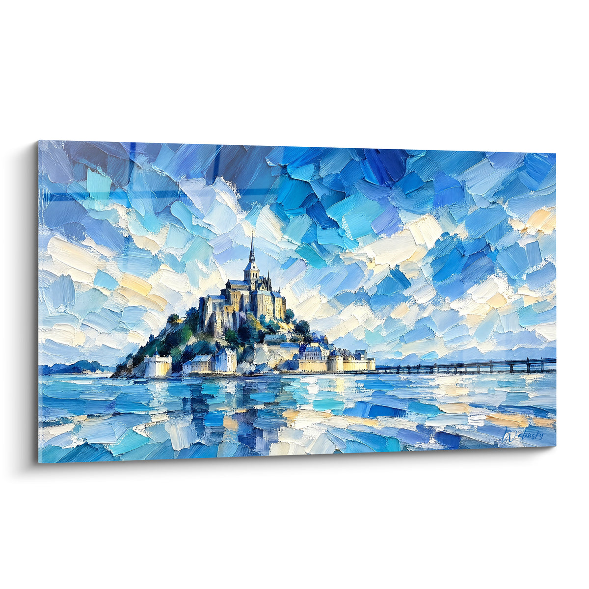 Schilderij Mont-Saint-Michel in marineblauw en goud, abdij met impasto op haar eilandje geschilderd
