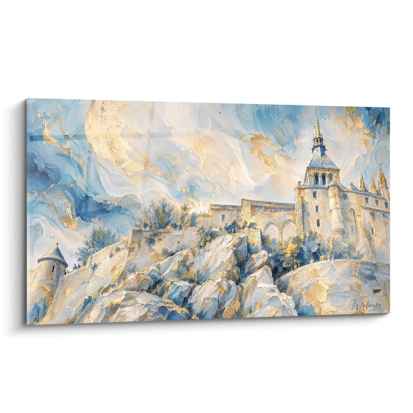 Tableau Abbaye bleu et doré sur rochers escarpés - Ascension céleste - Edition Le Mont-Saint-Michel  Normandie  France
