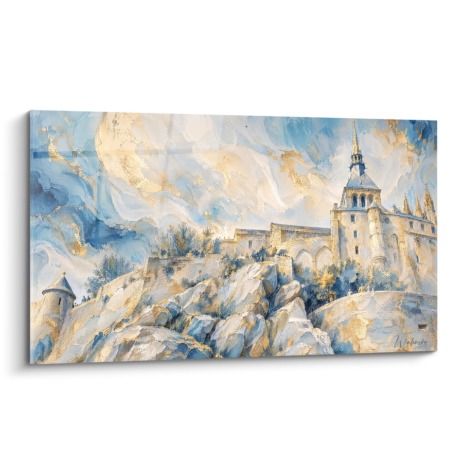 Painting Abbey blue and gold on rocky cliffs - Celestial Ascent - Limited Edition The Mont-Saint-Michel Normandy France