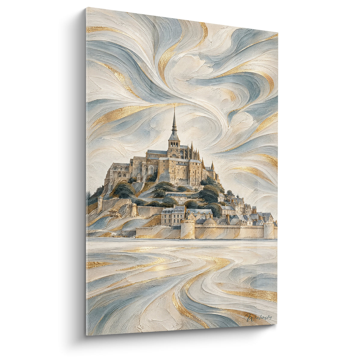 Quadro abbazia del Mont-Saint-Michel dorata e blu ardesia sotto un cielo dalle volute turbinanti