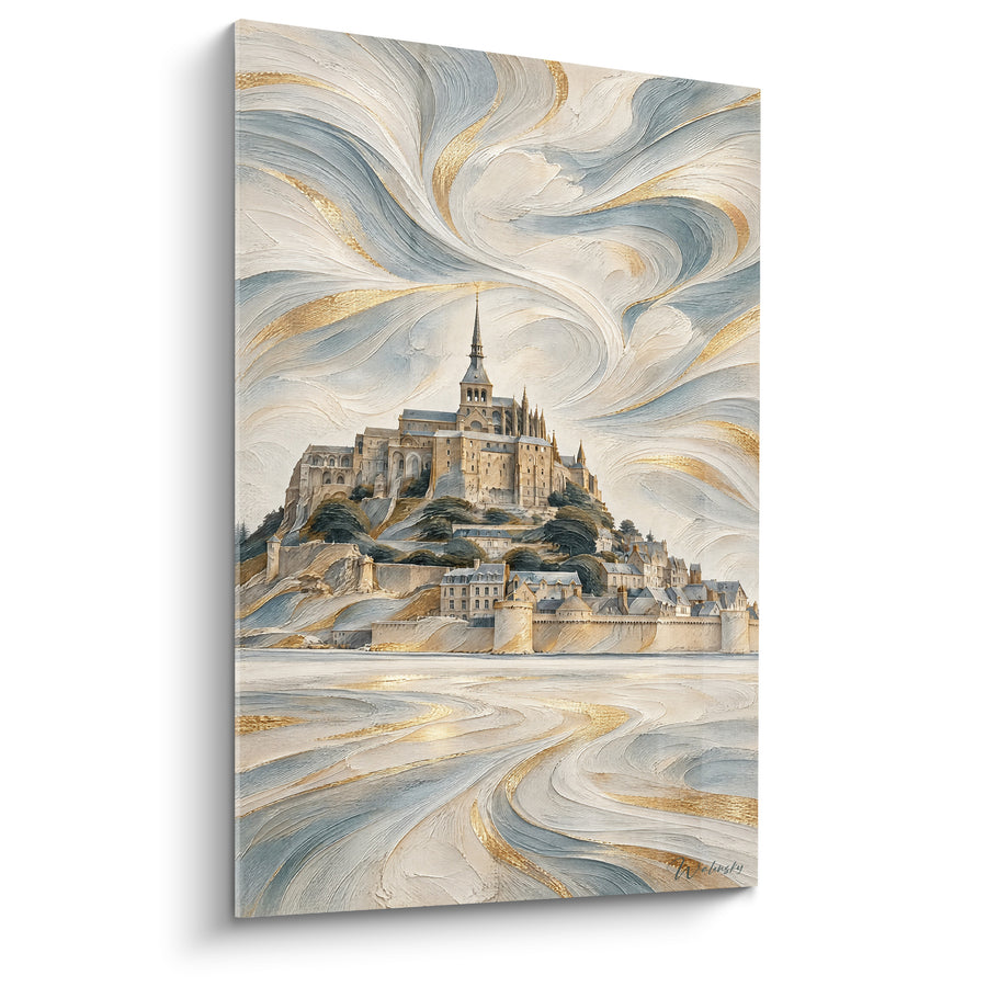 Painting Abbey Ivory and Gold with Symmetrical Swirls - Shoreline in Golden Reflections - Limited Edition The Mont-Saint-Michel Normandy France