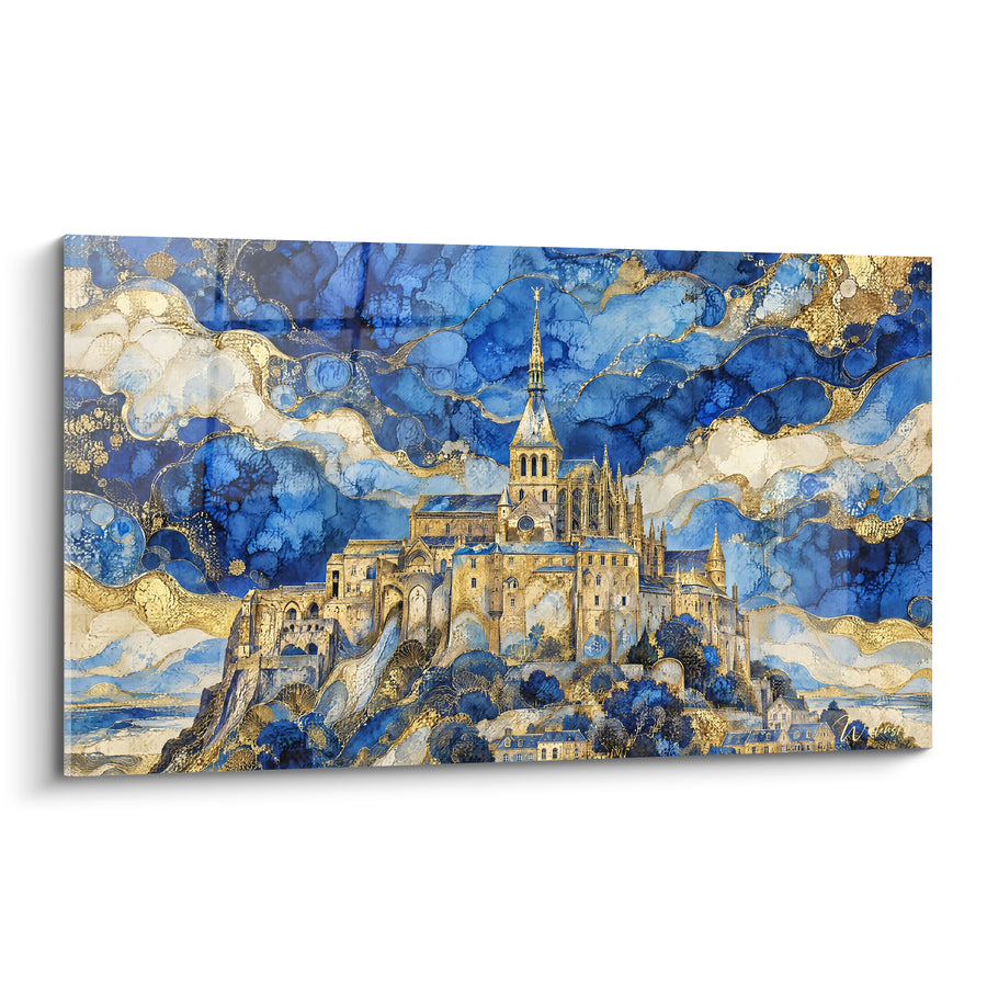 Tableau Abbaye bleu et doré aux volutes tourbillonnantes - Songe céleste - Edition Le Mont-Saint-Michel  Normandie  France