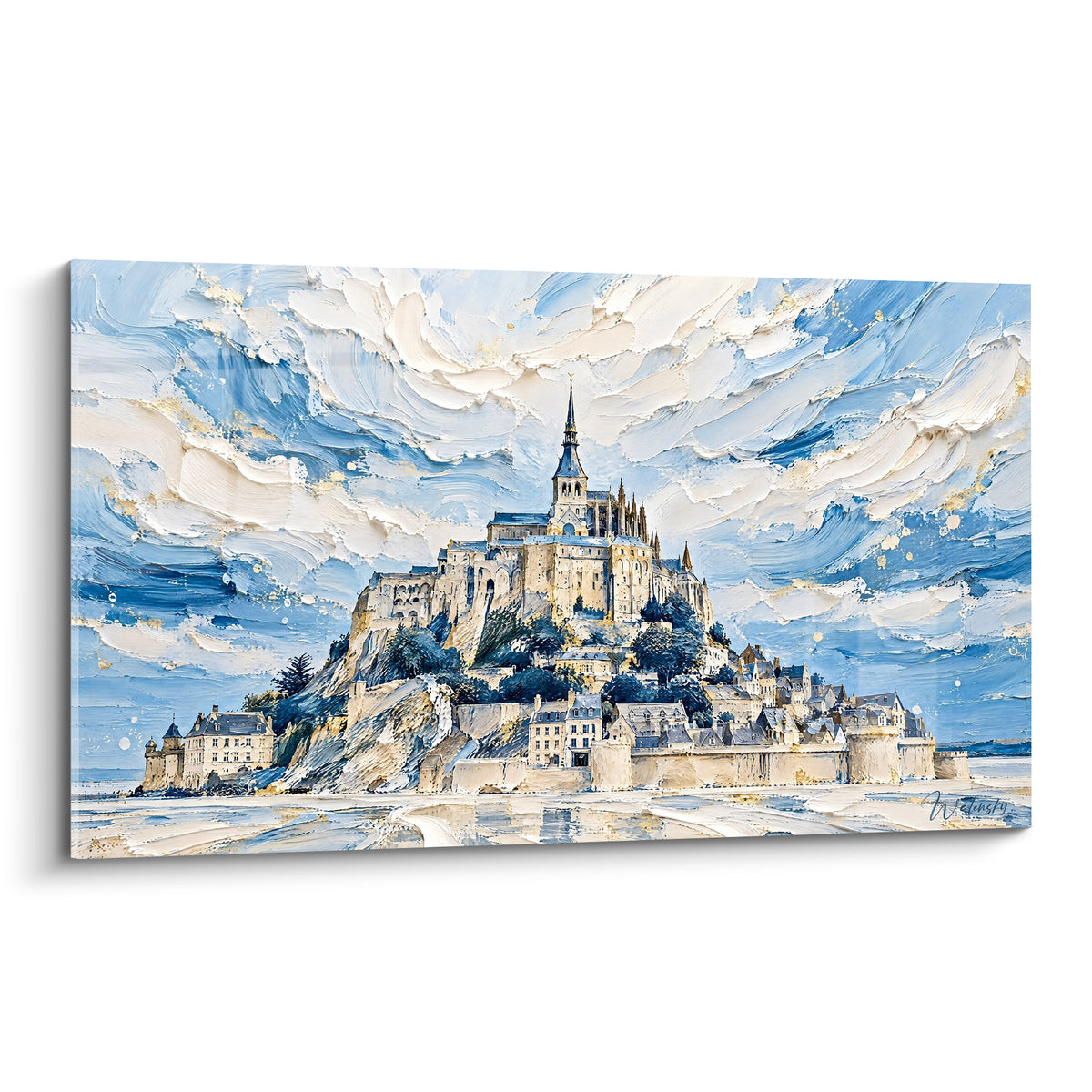 Abbaye du Mont-Saint-Michel en bleu marine et doré, ciel tourmenté peint en empâtements épais
