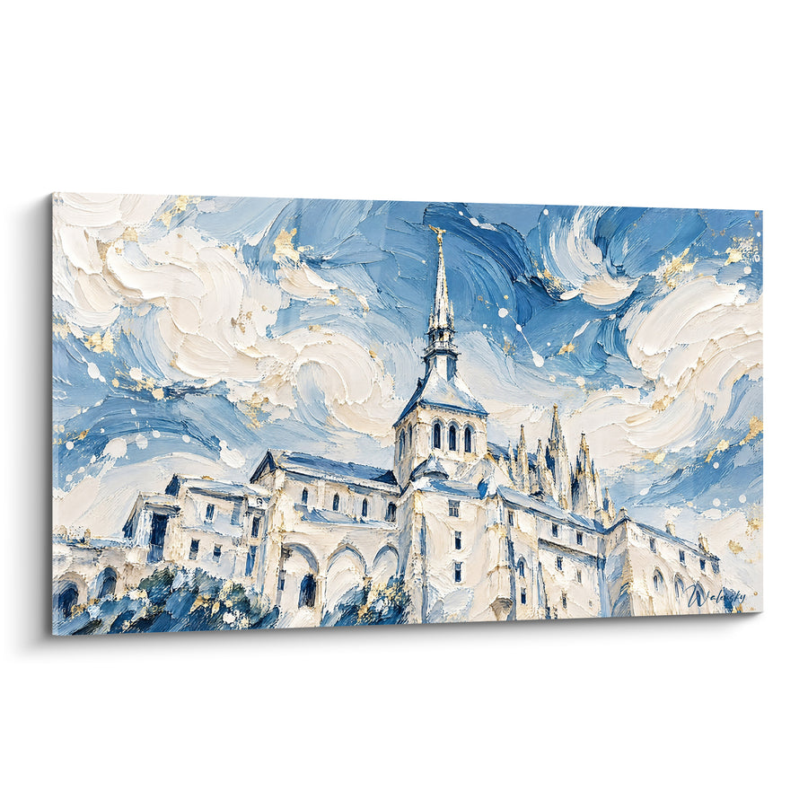 Schilderij Abdij wit en blauw met wervelende krullen - Fonkelende sterrenhemel - Editie Mont-Saint-Michel Normandïe Frankrijk