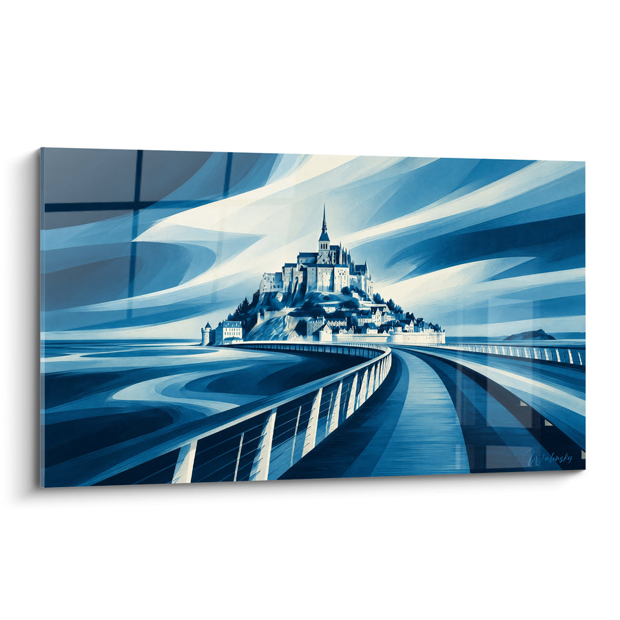Painting Abbey navy blue and white on winding bridge – Path to Eternity – Limited Edition The Mont-Saint-Michel Normandy France