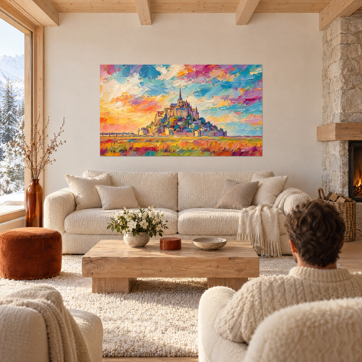 Schilderij abdij op haar rots gezet, turquoise blauwe lucht en oranje in dikke impasto, boven een bank in een lichte woonkamer