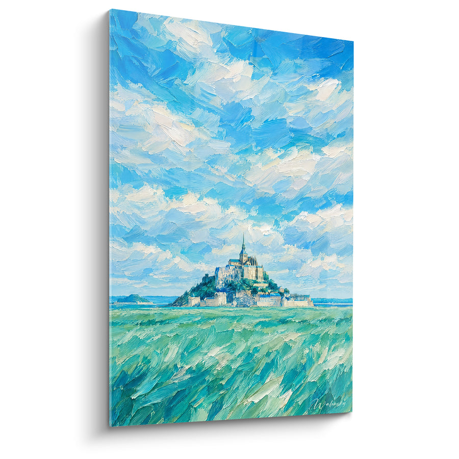 Painting Abbey turquoise and white with vast undulating meadows - Emerald green impasto clouds - Le Mont-Saint-Michel Edition Normandy France