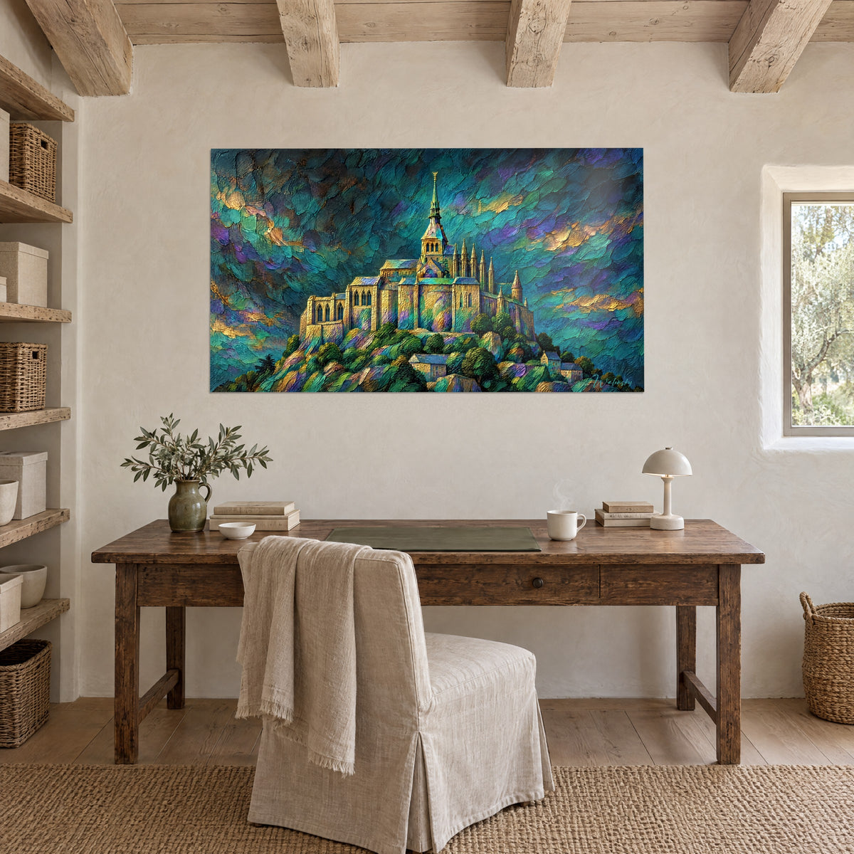 Schilderij gotische silhouet verlicht in goud, dichte smaragdgroene en paarse wolken, hangend boven een bureau van ruw hout