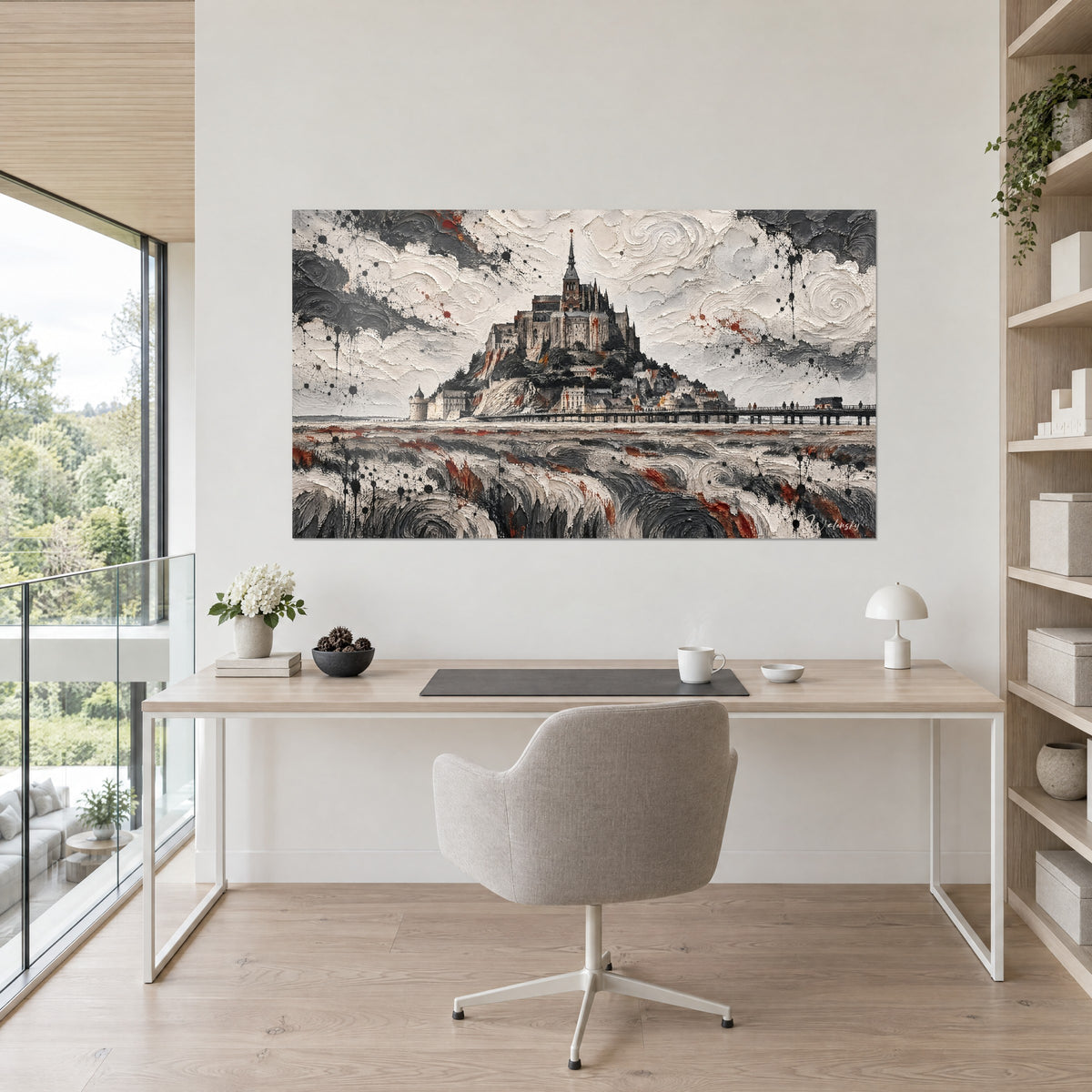 Quadro santuario normanno con passerella costeggiata da passanti, colature di inchiostro nero e macchie ruggine, scrivania in legno chiaro