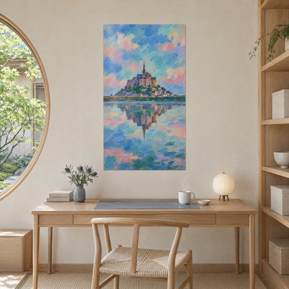 Wall art inverted reflection of an abbey on the water, cobalt blue and powdered pink, hung above a light wood desk