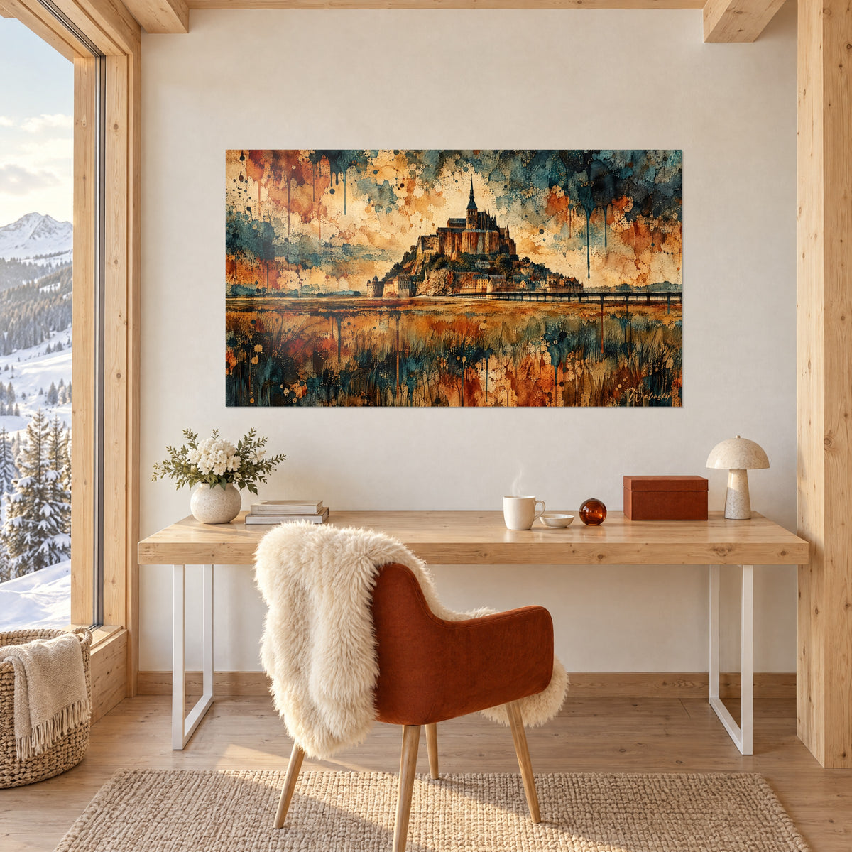 Cuadro silueta del Mont en acuarela, puente bajo de madera, goteos azul petróleo y ocre, sobre un escritorio claro del chalet