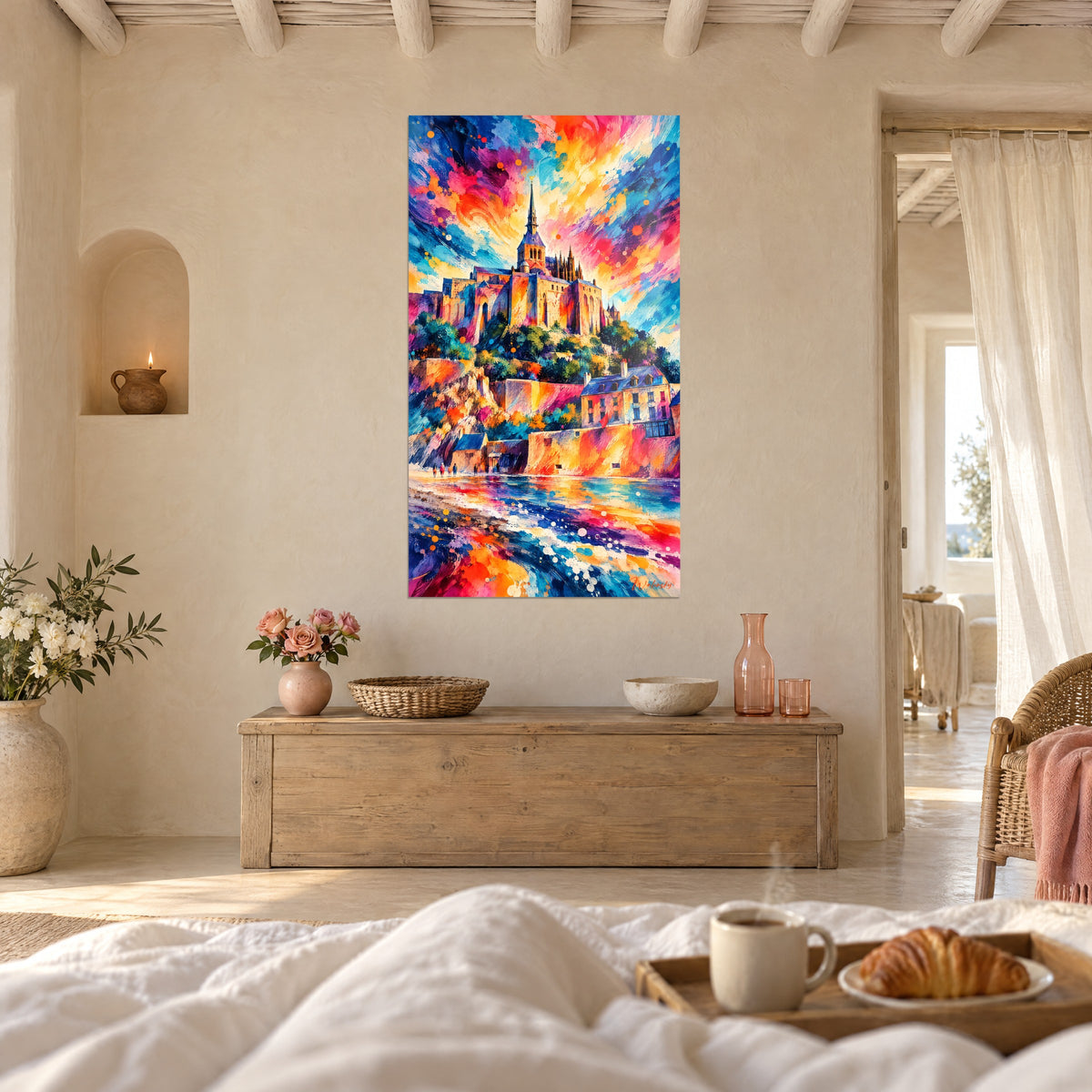 Cuadro monasterio sobre su islote, destellos magenta y amarillo entre las nubes, encima de una cama en un dormitorio luminoso