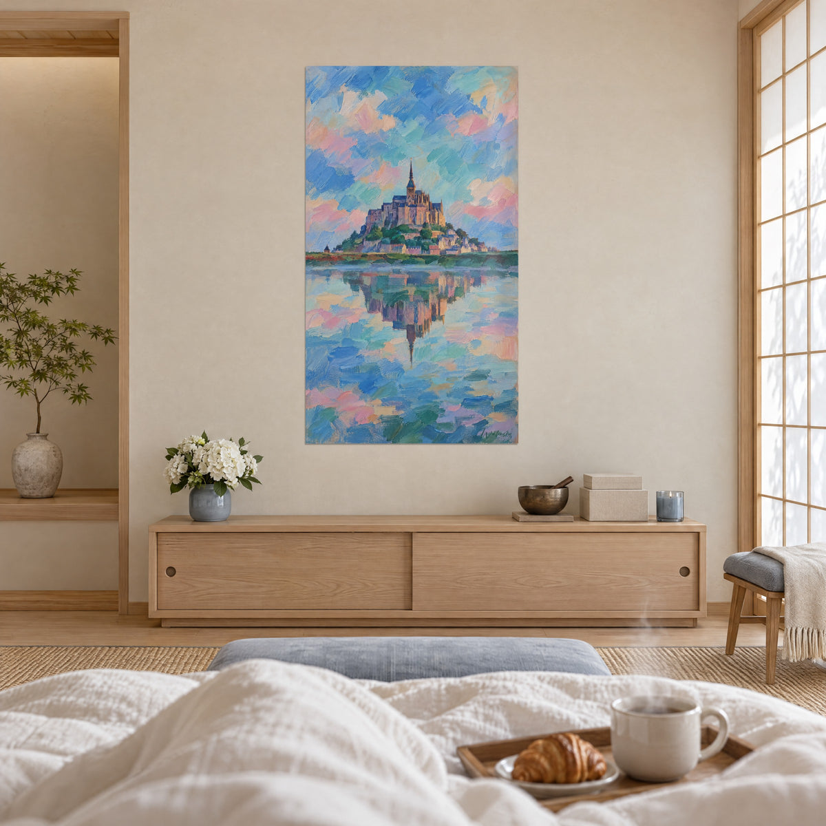 Wall art monastic citadel in ochre and lavender tones, pink and blue clouds, hung above a bed in a light bedroom