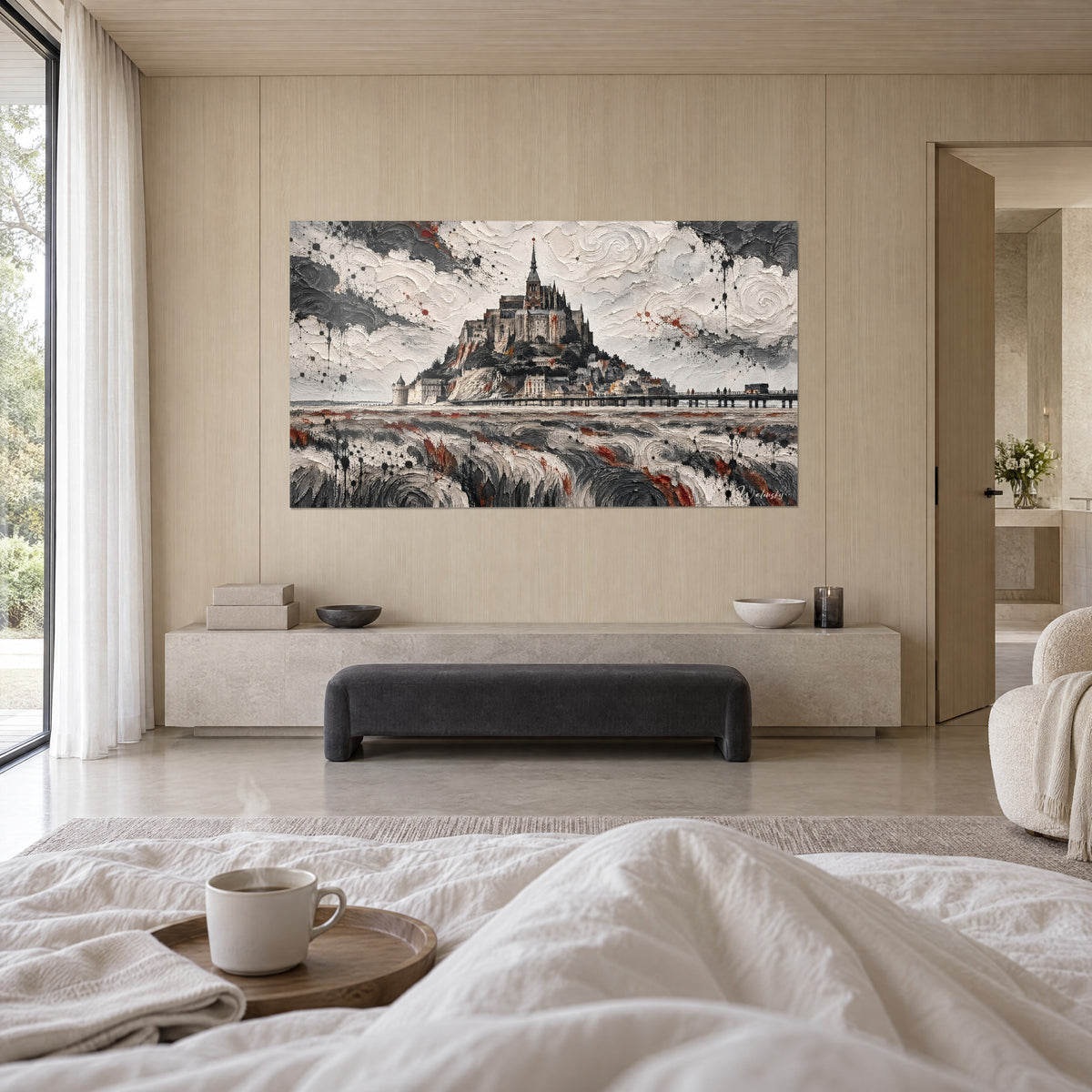 Quadro isolotto roccioso con guglia slanciata, turbinii di pasta bianca e antracite, striature ocra, sopra un letto in una camera luminosa