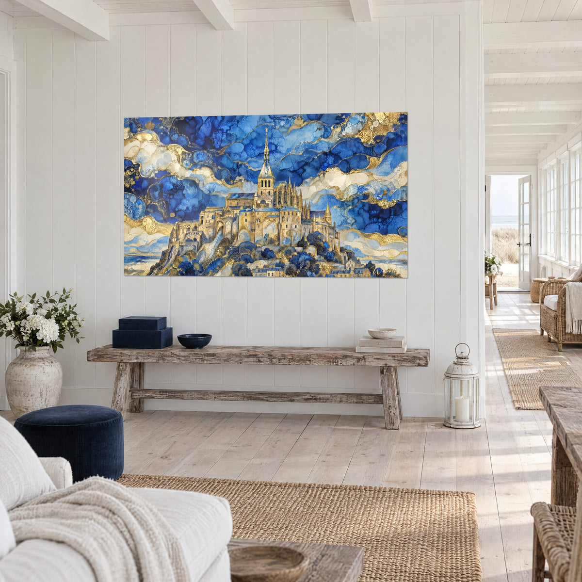 Schilderij Mont-Saint-Michel op zijn gouden rots, kobaltblauwe en crèmekleurige wolken, driekwart zicht boven een console