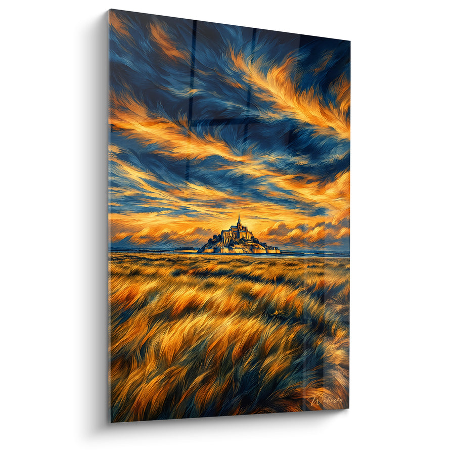 Painting Abbey of Gold under Blue Sky Ablaze - Celestial Flames - Limited Edition The Mont-Saint-Michel Normandy France