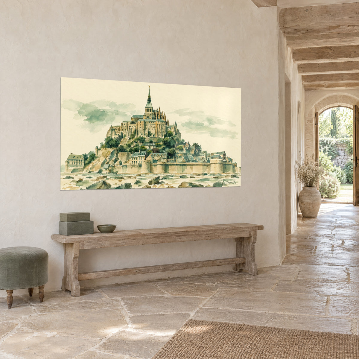 Wall art Mont-Saint-Michel with ochre ramparts and green foliage, seen three-quarter view in a stone corridor with a wooden bench
