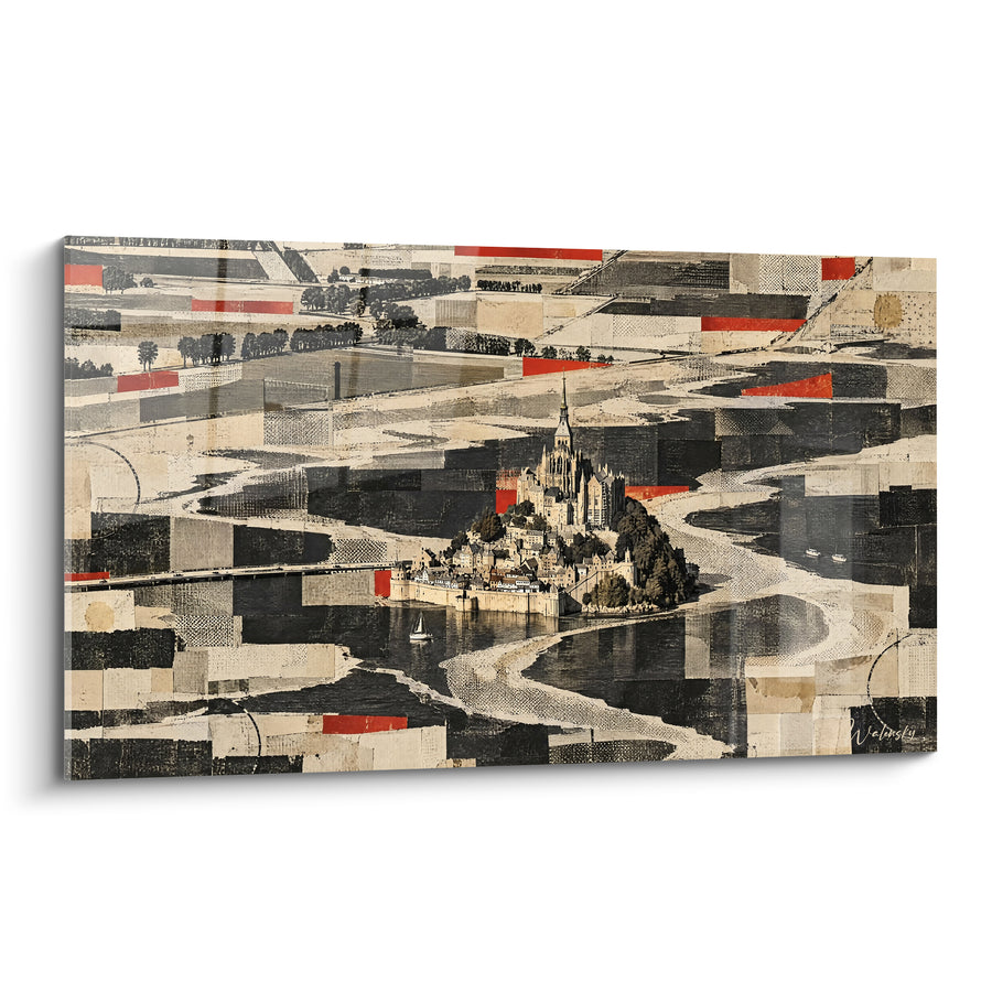 Schilderij Heilig Eiland in beige en rode collage - Tijdloos vogelperspectief - Editie Mont Saint-Michel Normandië Frankrijk