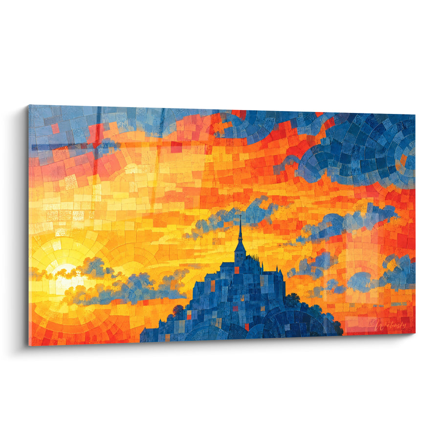 Schilderij Abdij silhouet in oranje en blauwe mozaïeken - Gloed van de avond - Editie Mont Saint-Michel Normandïe Frankrijk