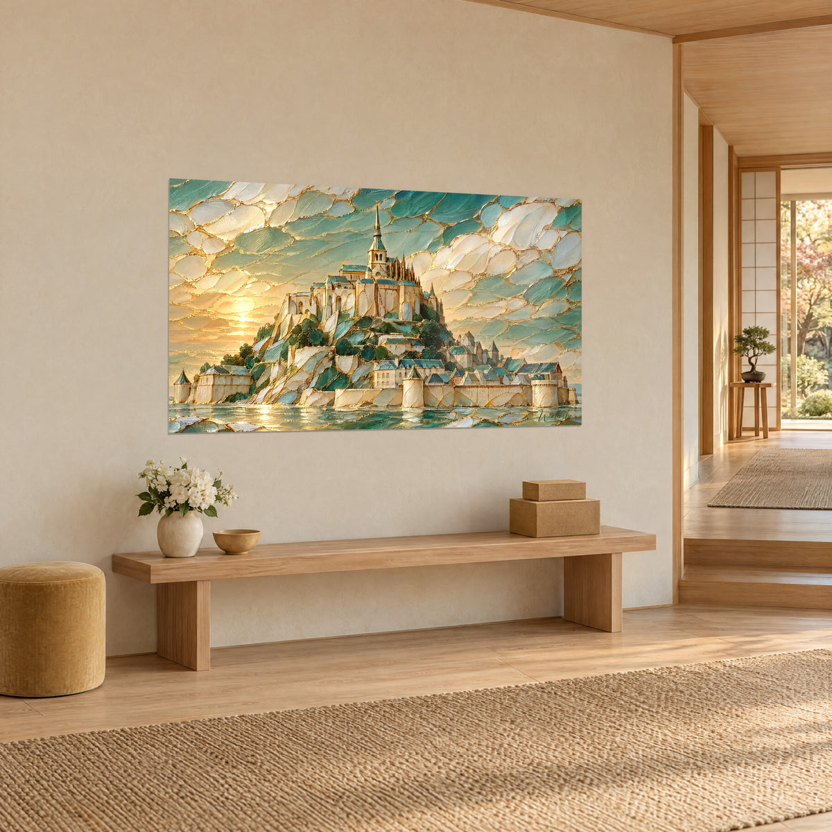 Πίνακας Mont-Saint-Michel με πινελιές τιρκουάζ και κρεμ χρώματος, χρυσός ήλιος πάνω στη θάλασσα, τρίτο προφίλ σε διάδρομο japandi