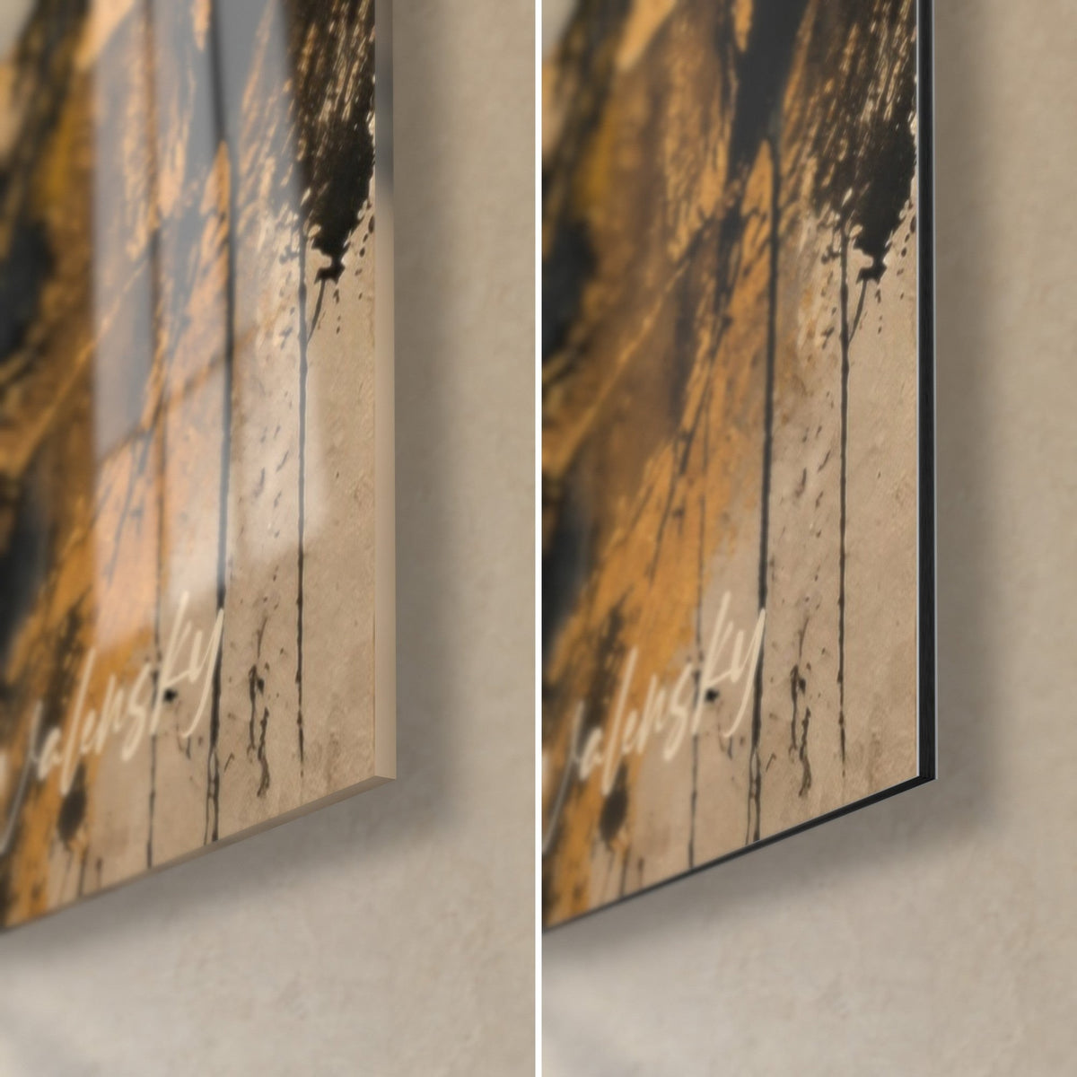 Schilderij steile daken in goud en grijs, rechteronderhoeken van glanzend glas en mat Dibond-aluminium, 3 mm rand, signatuur