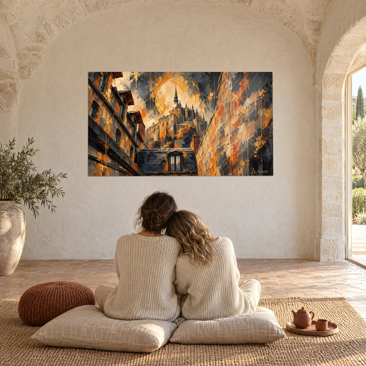 Schilderij Normandische abdij onder een bleke zon, roestrode stenen en donkere leisteen, omhelsd koppel op crèmekleurige kussens voor de muur