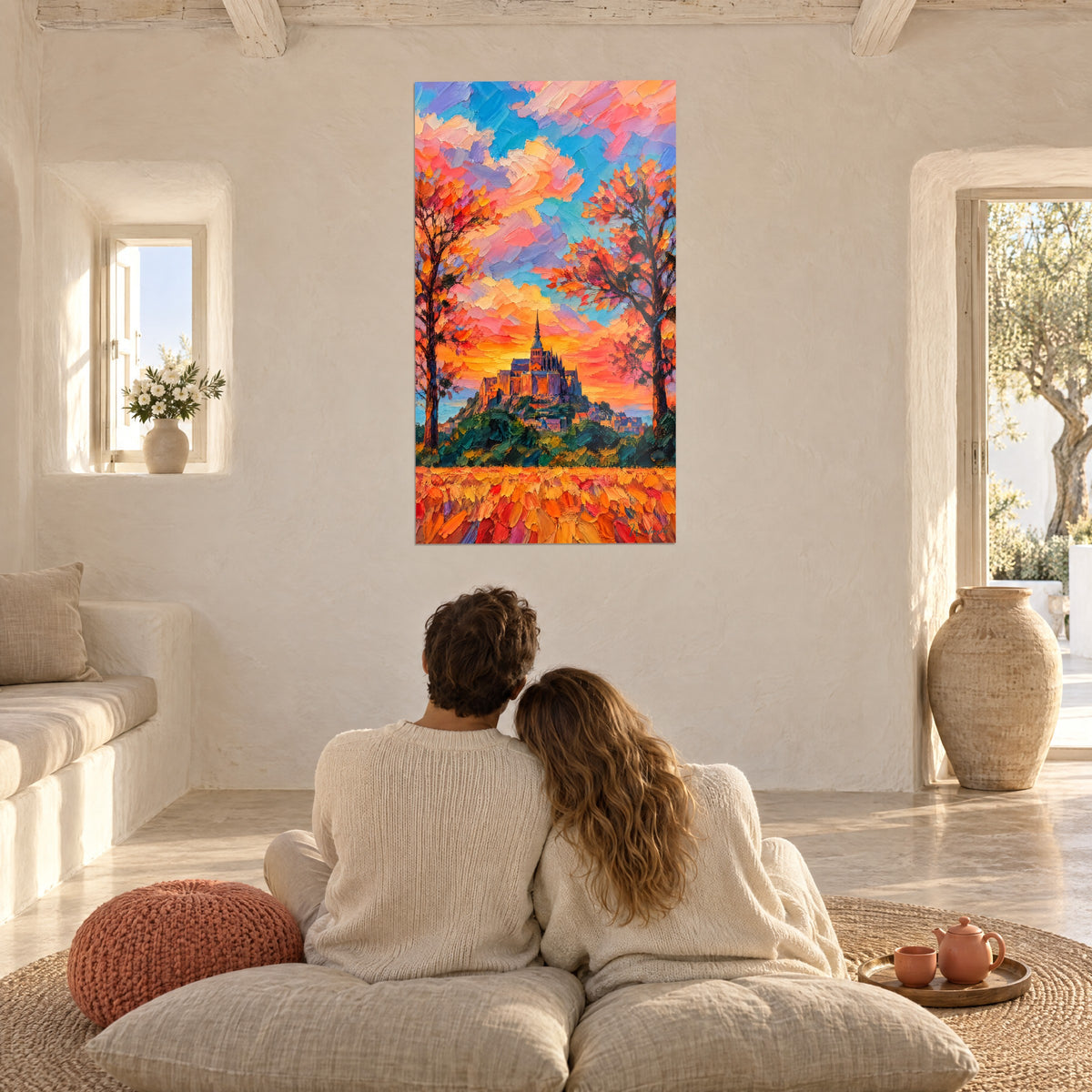 Quadro abbazia su uno sfondo d'alba arancione e turchese, alberi rossi ai lati, di fronte a una coppia su un pouf rosa corallo