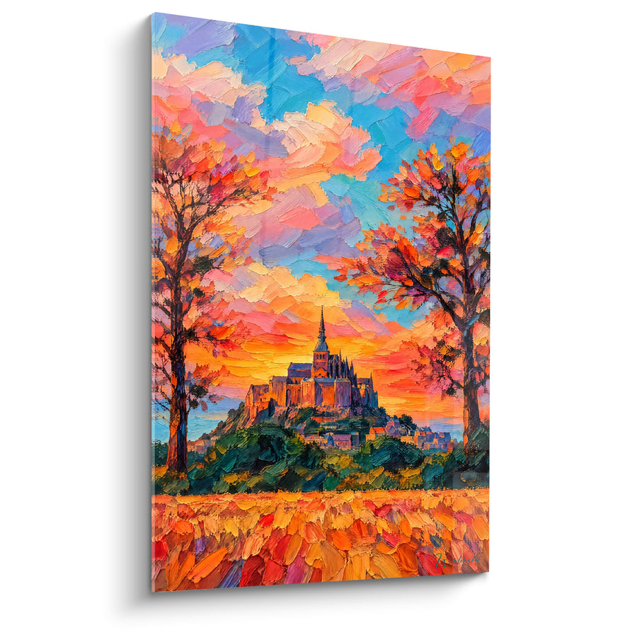 Tableau Abbaye orange et bleu encadrée d'arbres flamboyants - Champ de fleurs automnales - Edition Le Mont-Saint-Michel  Normandie  France