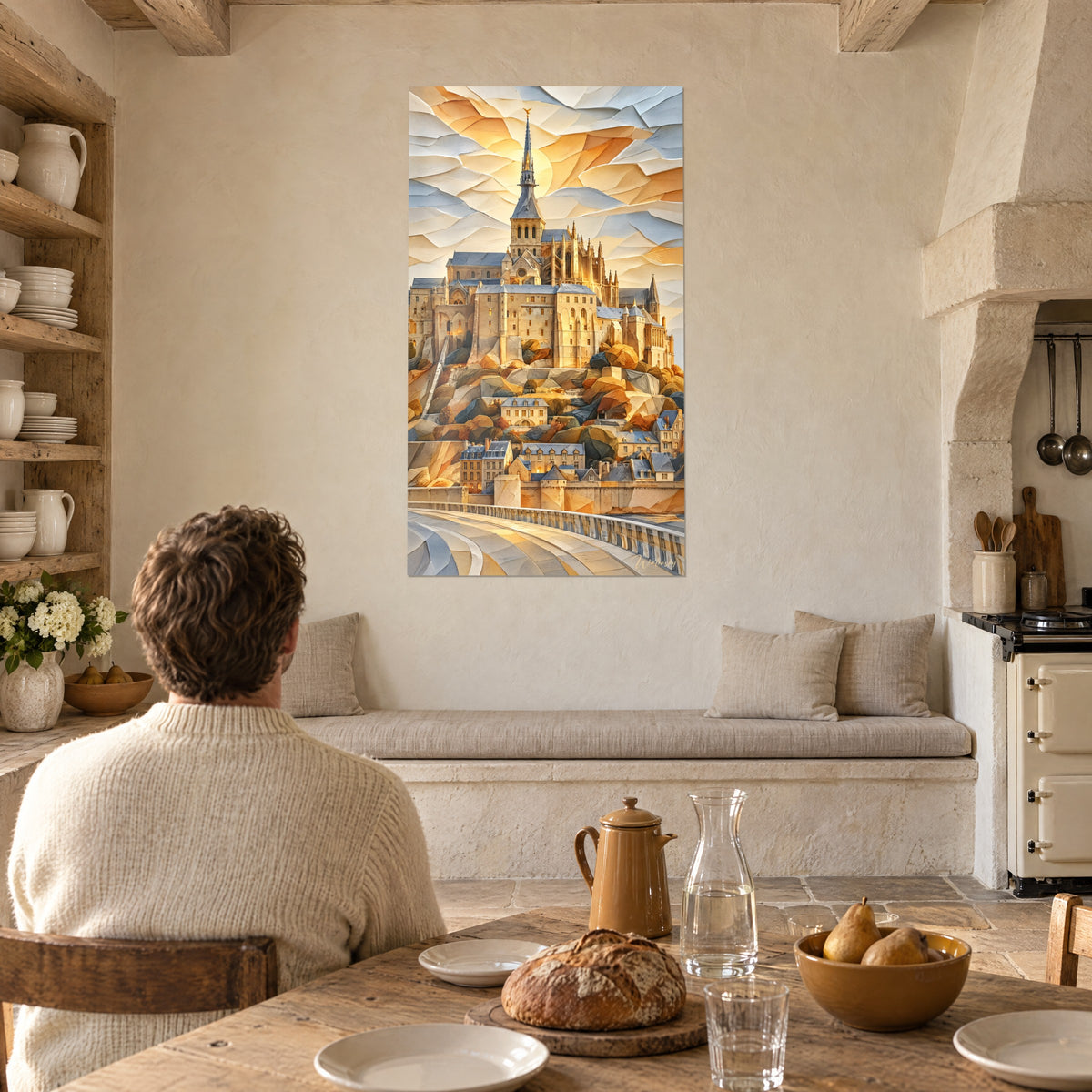 Cuadro monasterio sobre su islote rocoso, cielo de papel arrugado amarillo y crema, pared de piedra de una cocina rústica