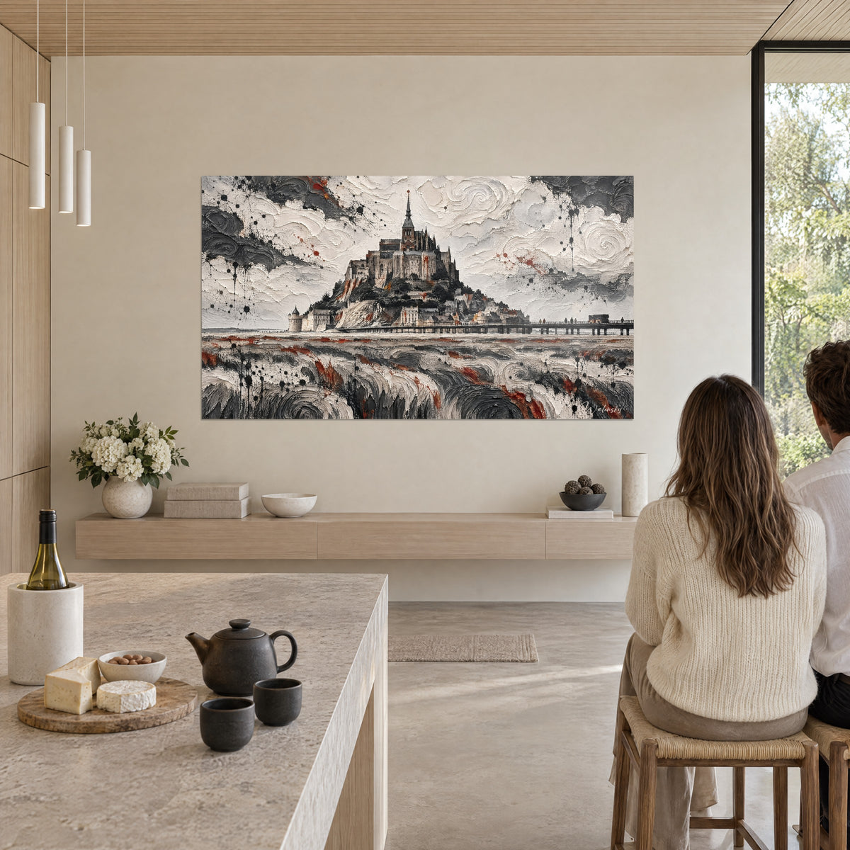 Quadro cittadella sulla sua collina, cielo di spirali spesse nero e bianco, tocchi rosso mattone, due persone di spalle, cucina a vista