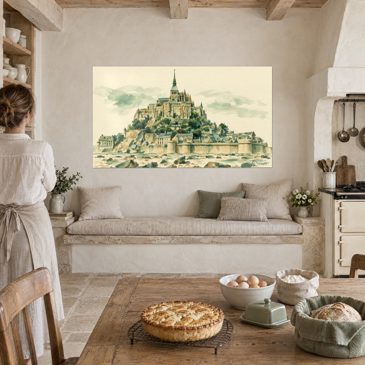 Wall art Norman abbey on its rock, beige stone and deep green trees, in front of a kitchen with a golden tart
