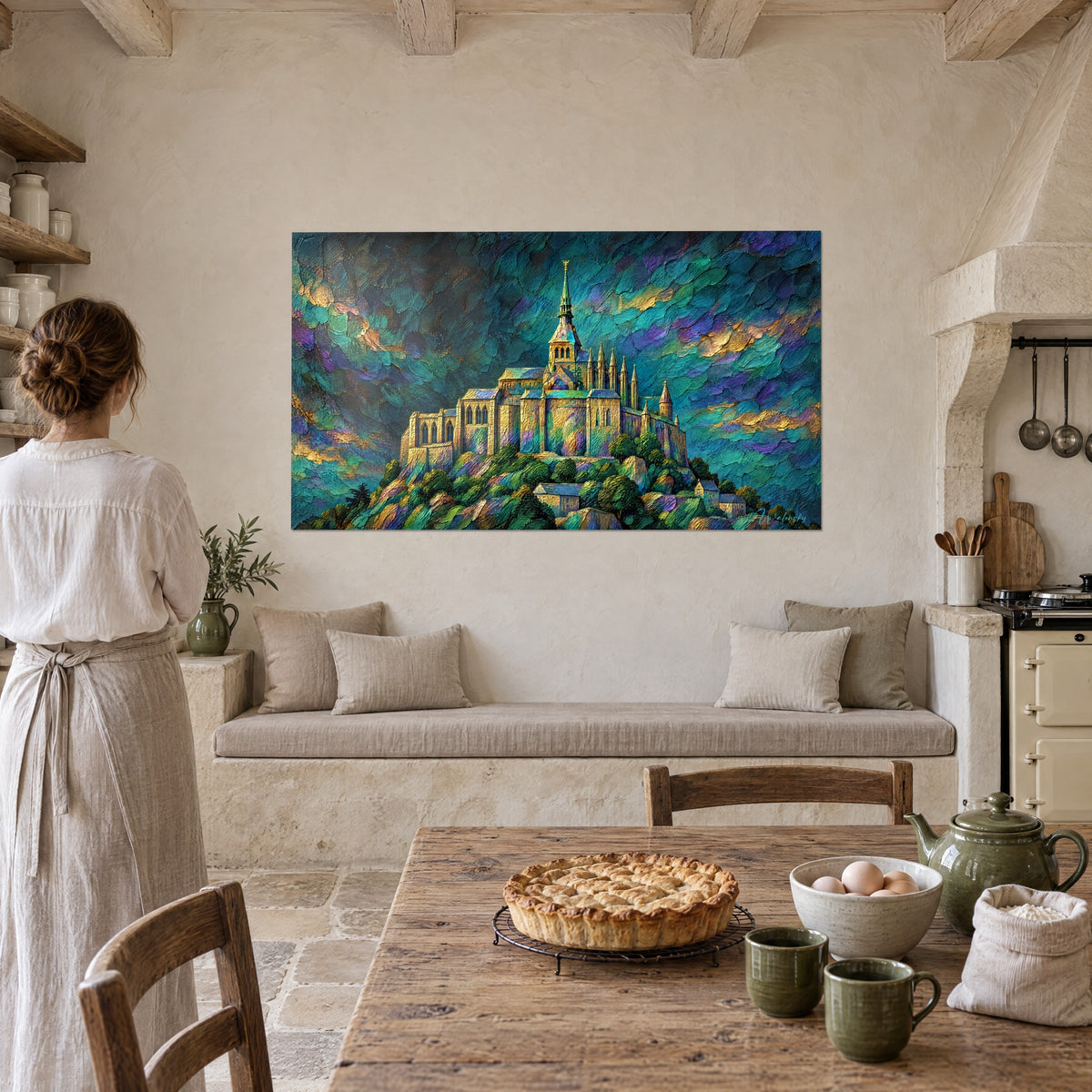 Schilderij kloosterfort van goudokerkleurige stenen, turquoise en paarse spatelstrepen, naast een houten keukentafel