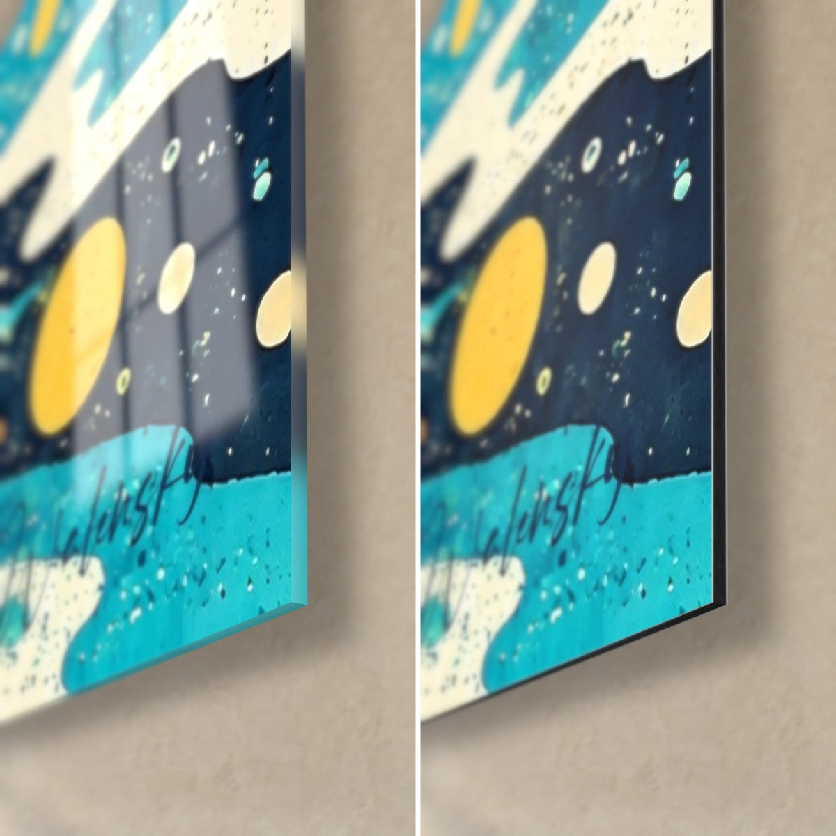 Quadro Mont-Saint-Michel in pop art, angolo in basso a destra: cerchio giallo su turchese e blu notte, vetro lucido su Dibond opaco