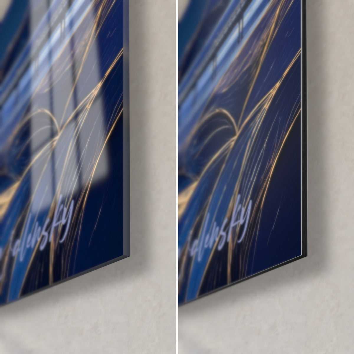 Schilderij vesting op het water, rechtsonder hoek: glanzend acrylglas links, mat Dibond rechts, gouden lijnen op blauw