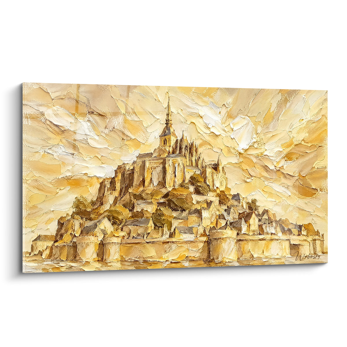 Abbaye du Mont-Saint-Michel dorée et crème, reliefs texturés au couteau sur ciel vibrant