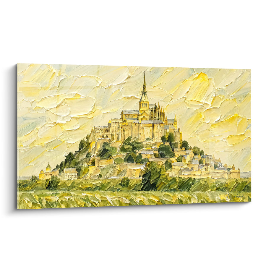 Schilderij Abdij Goudenhof met gele en groene reliëfs - Gouden ontwaking op de baai - Editie Mont-Saint-Michel Normandije Frankrijk