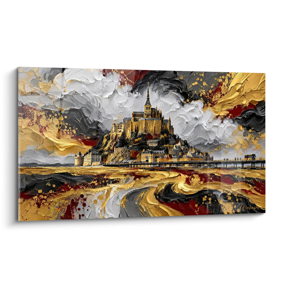 Schilderij Abdij Gouden op grijze en bordeaux achtergrond - Citadel van Stormen - Editie Mont-Saint-Michel Normandische Frankrijk