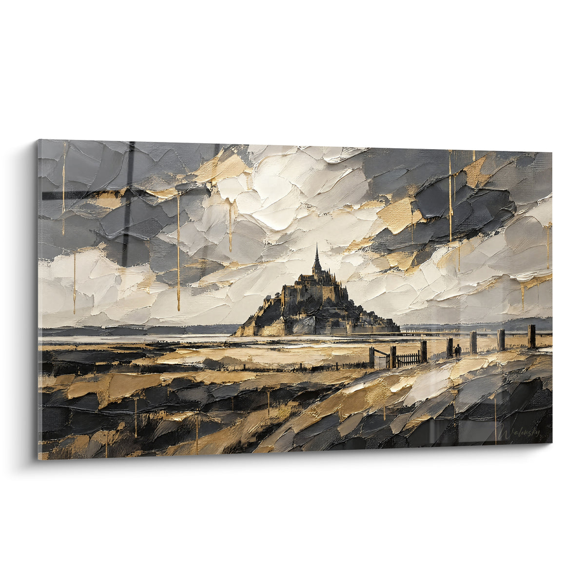 Mont-Saint-Michel peint en relief doré et gris anthracite sur ciel texturé spectaculaire